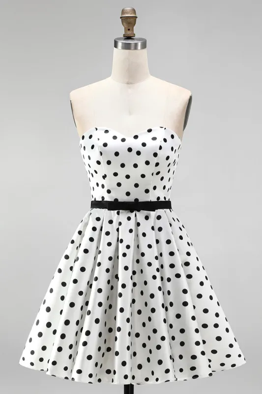 White Polka Dot A-Line Strapless Short Homecoming Dress with Bow Sash made by Zapaka