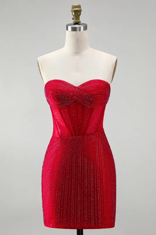 Red Corset Bodycon Strapless Beaded Short Homecoming Dress with Lace up Back made by Zapaka