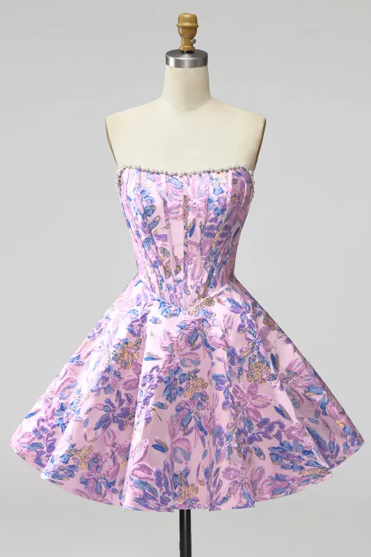 Lilac Corset Floral Jacquard Pearls A-Line Strapless Short Homecoming Dress made by Zapaka