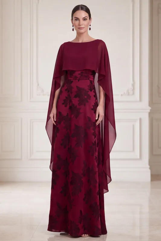 Burgundy Sheath Boat Neck Printed Maxi Mother of the Bride Dress with Cape made by Zapaka