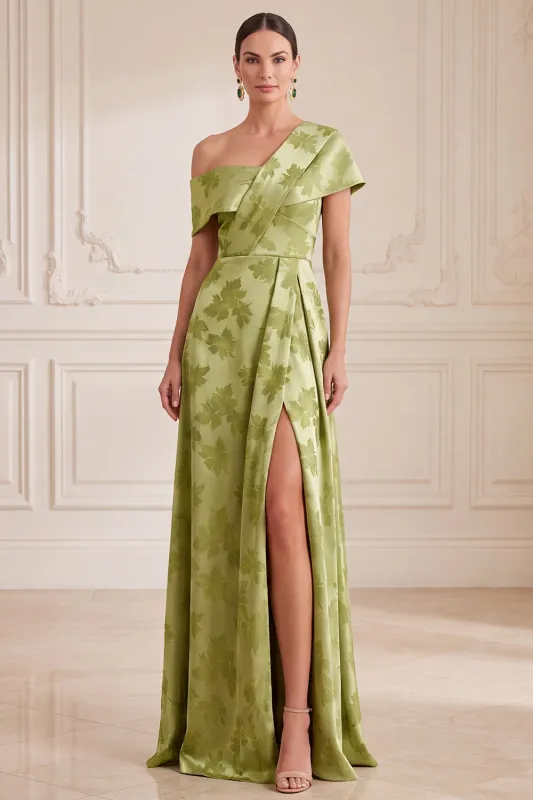 Green A-Line Asymmetrical One Shoulder Printed Maxi Mother of the Bride Dress with Side Slit made by Zapaka