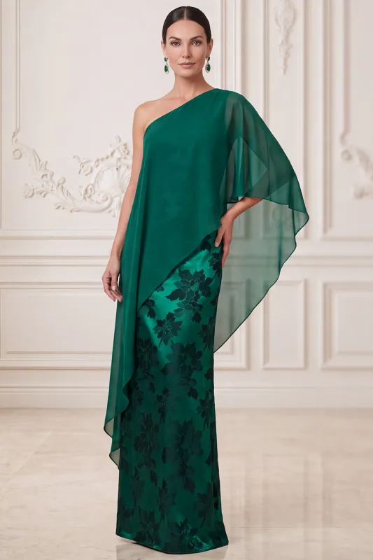 Dark Green Sheath One Shoulder Satin Printed Maxi Mother of the Bride Dress with Cape made by Zapaka