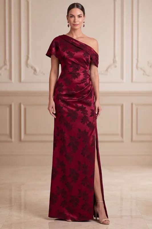 Burgundy Sheath Asymmetrical One Shoulder Jacquard Maxi Mother of the Bride Dress with Side Slit made by Zapaka