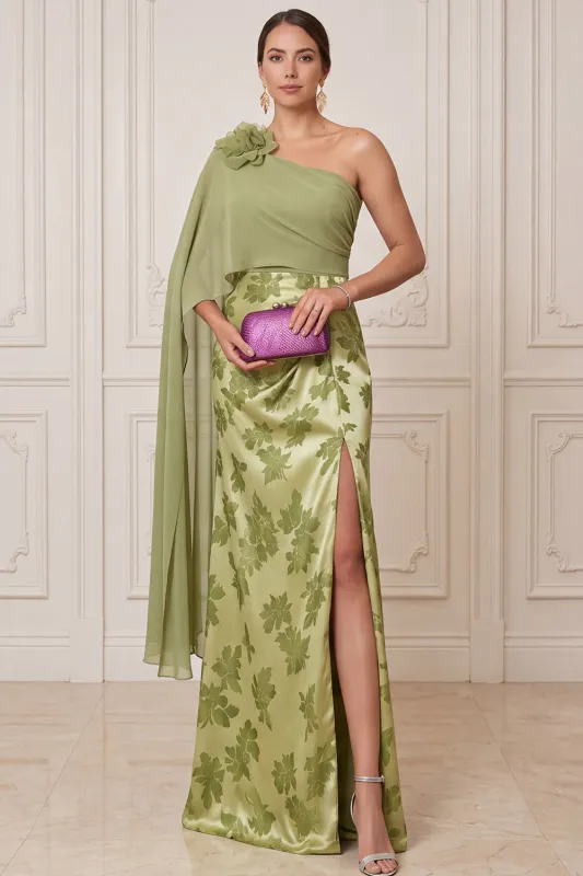 Green Sheath One Shoulder Chiffon Cape Draped Printed Maxi Mother of the Bride Dress with 3D Flower made by Zapaka