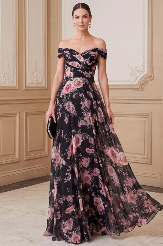 Black Pink A-Line Off the Shoulder Printed Chiffon Maxi Mother of the Bride Dress made by Zapaka