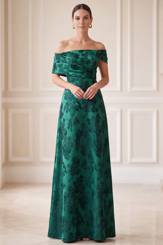 Dark Green A-Line Off the Shoulder Jacquard Asymmetrical Maxi Mother of the Bride Dress made by Zapaka