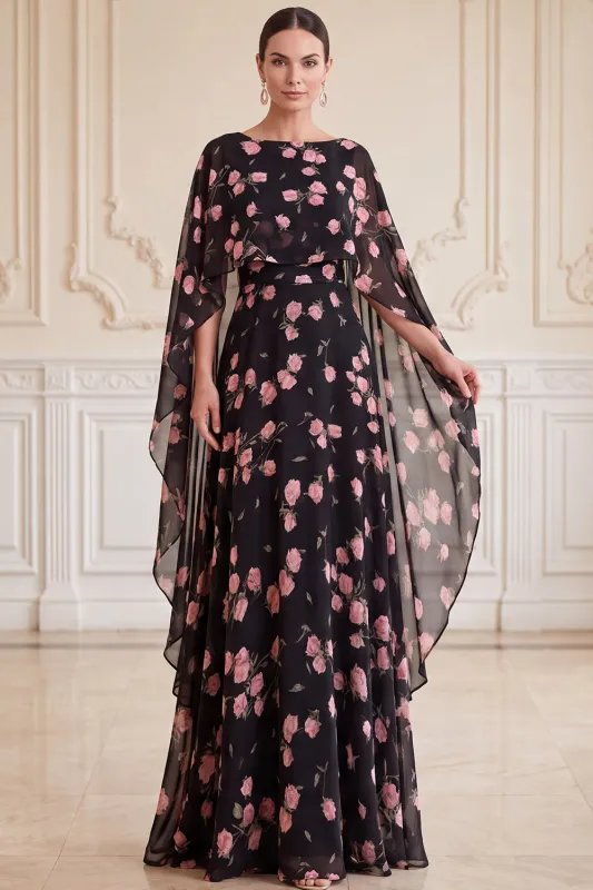 Black Pink Flower A-Line Chiffon Bateau Neck Printed Maxi Mother of the Bride Dress with Cape made by Zapaka