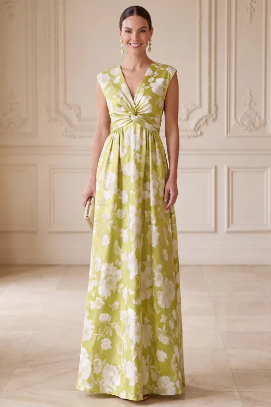 Green A-Line V-Neck Printed Ruched Long Mother of the Bride Dress made by Zapaka