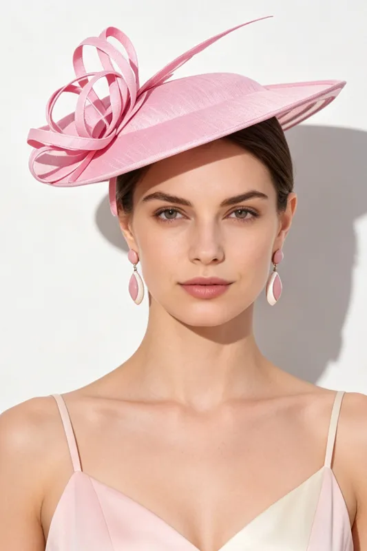 Pink Looped Crinoline Ribbons Fascinator Hat with Feather Quills made by Zapaka