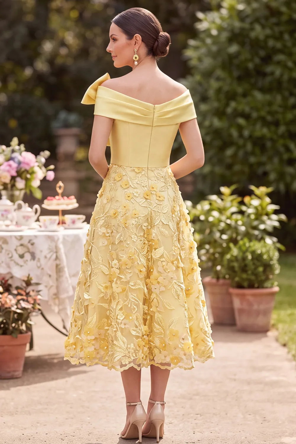 Asymmetrical Off the Shoulder Yellow Satin Pearls Embroidery A-Line Mother of the Bride Dress sold by Zapaka product image thumbnail 2