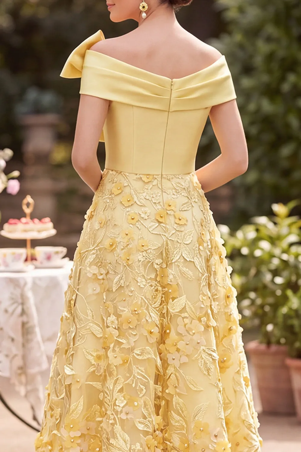 Asymmetrical Off the Shoulder Yellow Satin Pearls Embroidery A-Line Mother of the Bride Dress sold by Zapaka product image thumbnail 4