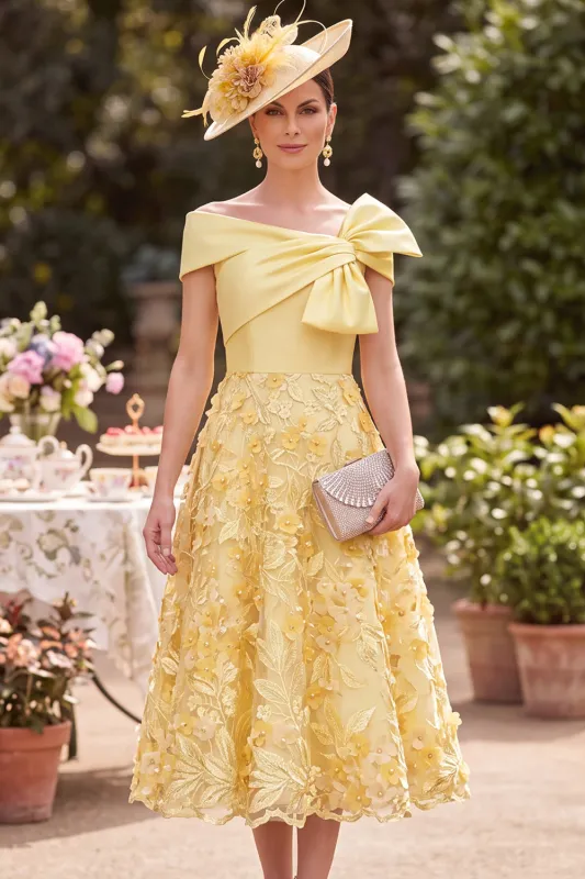 Asymmetrical Off the Shoulder Yellow Satin Pearls Embroidery A-Line Mother of the Bride Dress made by Zapaka