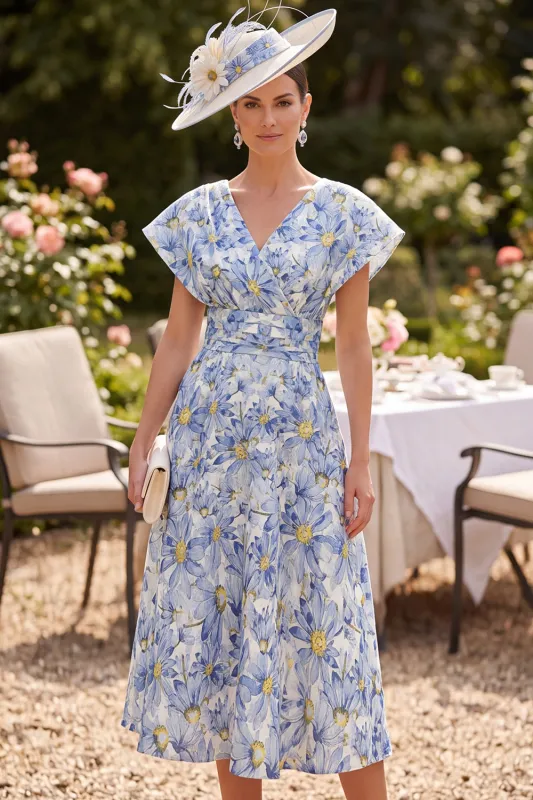 Blue Flower V-Neck A-Line Printed Mother of the Bride Dress with Dolman Short Sleeves made by Zapaka