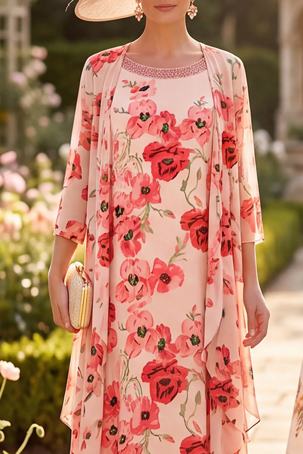 Red Flower Round Neck 3/4 Sleeves Midi Mother of the Bride Dress with Chiffon Cover‑Up sold by Zapaka product image thumbnail 3
