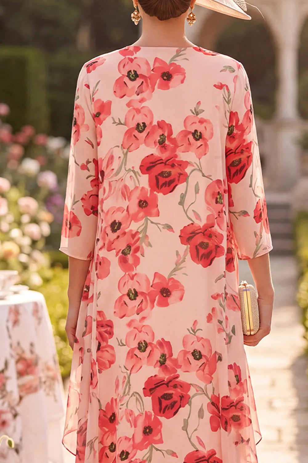 Red Flower Round Neck 3/4 Sleeves Midi Mother of the Bride Dress with Chiffon Cover‑Up sold by Zapaka product image thumbnail 4