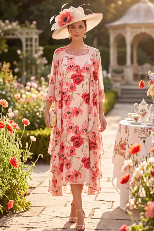 Red Flower Round Neck 3/4 Sleeves Midi Mother of the Bride Dress with Chiffon Cover‑Up made by Zapaka