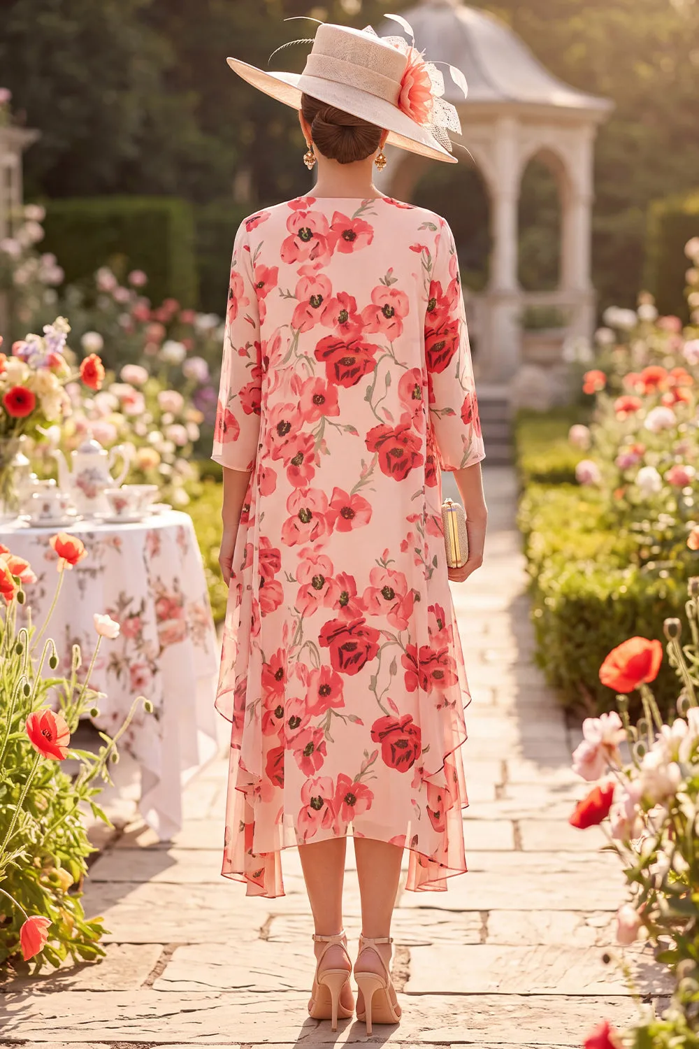 Red Flower Round Neck 3/4 Sleeves Midi Mother of the Bride Dress with Chiffon Cover‑Up sold by Zapaka product image thumbnail 2