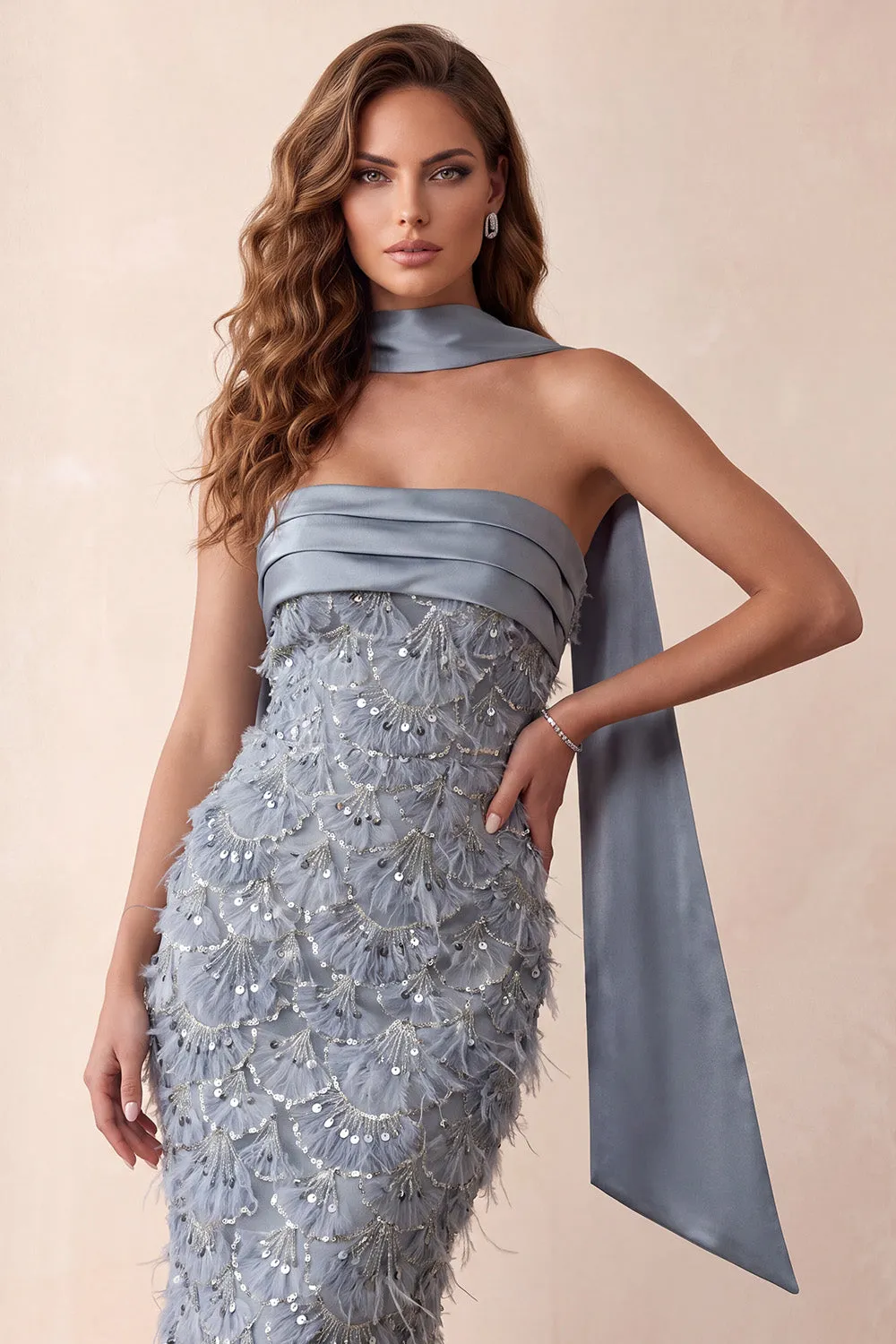 Dusty Blue Mermaid Strapless Fringed Sweep Train Formal Dress sold by Zapaka product image thumbnail 4