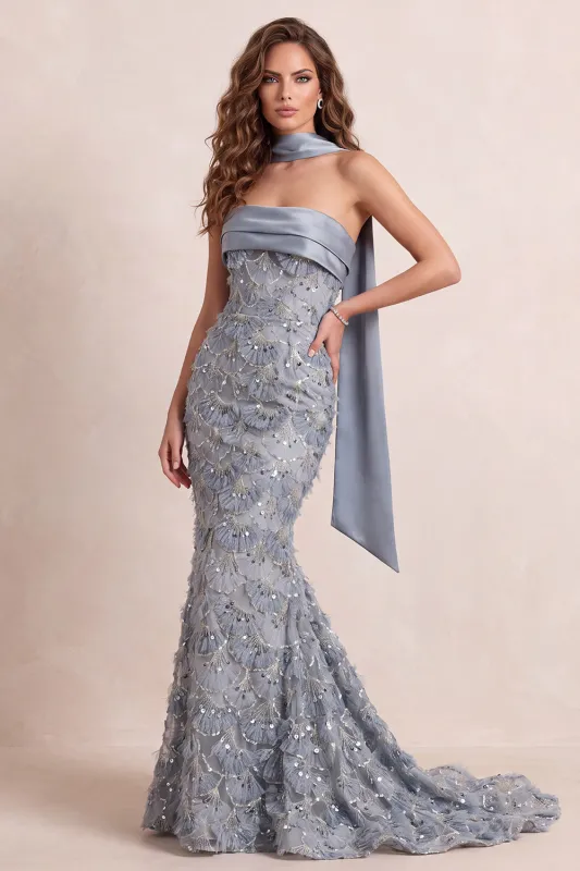 Dusty Blue Mermaid Strapless Fringed Sweep Train Formal Dress made by Zapaka