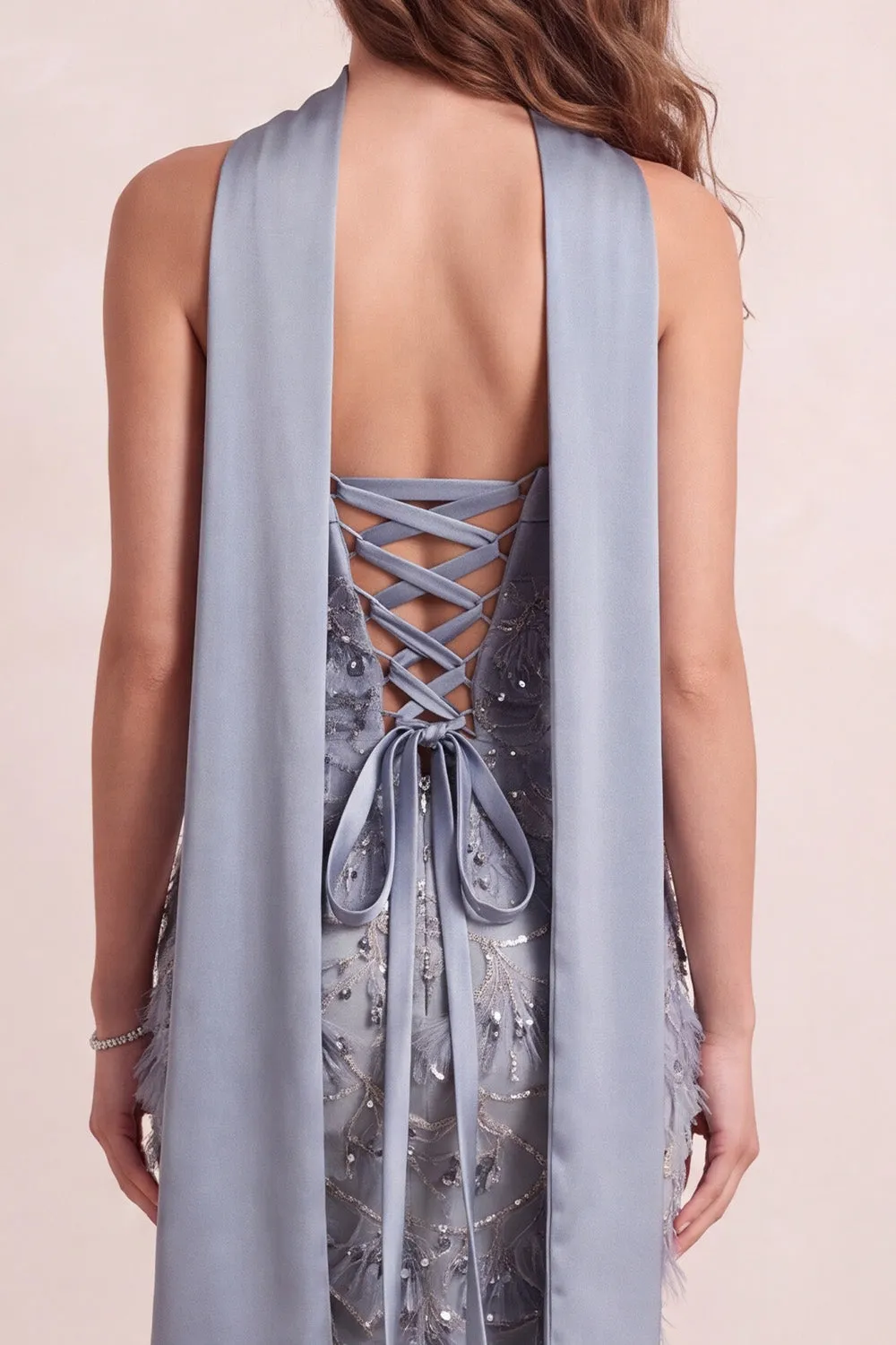 Dusty Blue Mermaid Strapless Fringed Sweep Train Formal Dress sold by Zapaka product image thumbnail 5