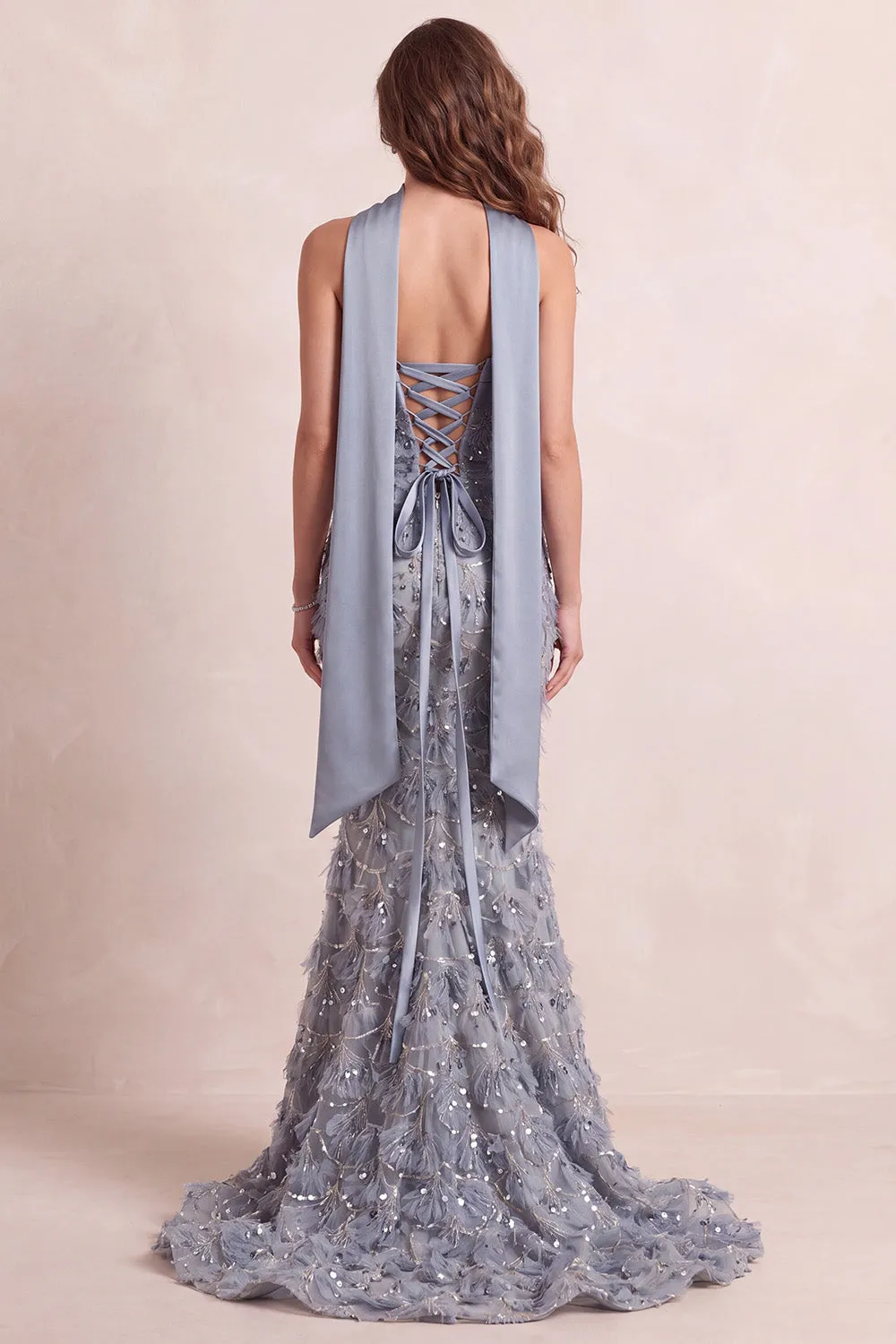 Dusty Blue Mermaid Strapless Fringed Sweep Train Formal Dress sold by Zapaka product image thumbnail 2