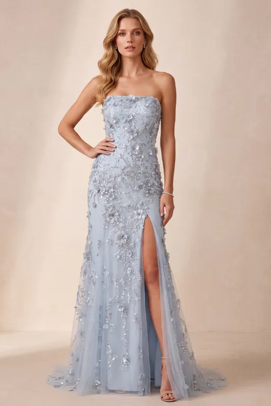 Dusty Blue Sheath Sequins Strapless Side Slit Long Formal Dress with 3D Flower made by Zapaka