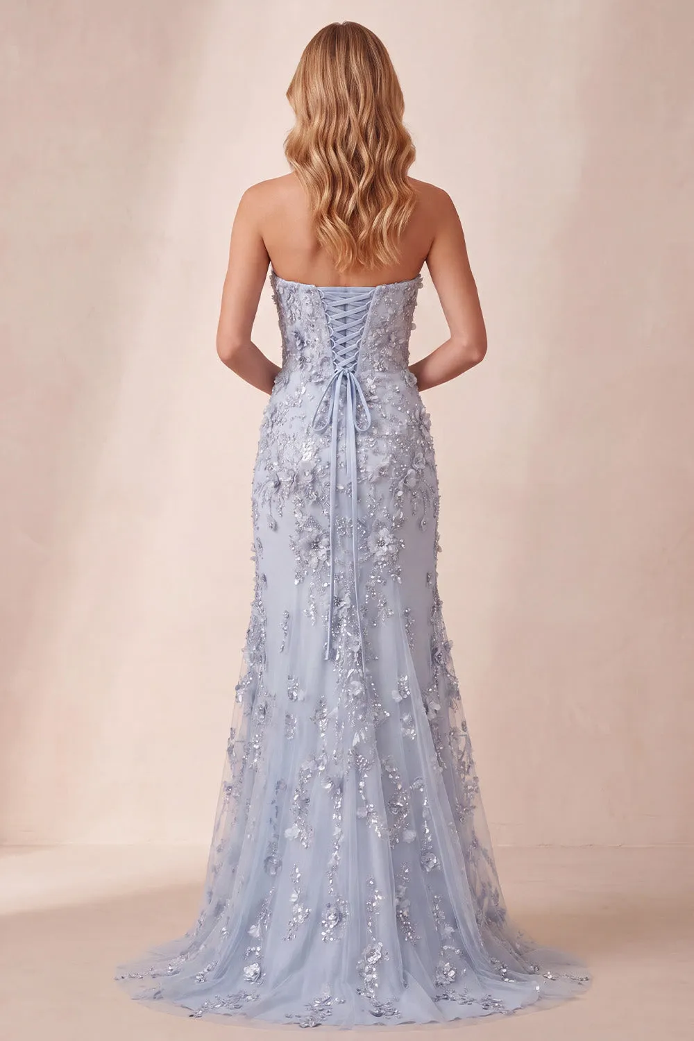 Dusty Blue Sheath Sequins Strapless Side Slit Long Formal Dress with 3D Flower sold by Zapaka product image thumbnail 2