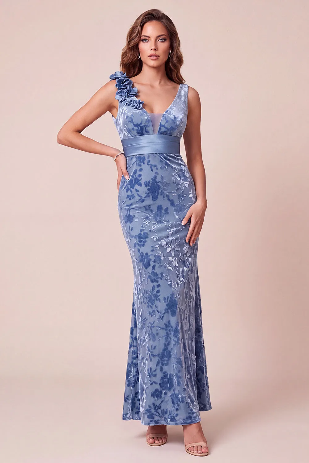 Blue Mermaid V-Neck Velvet Asymmetrical Tulle Long Formal Dress with 3D Flower sold by Zapaka