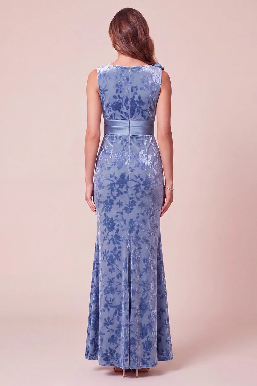 Blue Mermaid V-Neck Velvet Asymmetrical Tulle Long Formal Dress with 3D Flower sold by Zapaka product image thumbnail 2