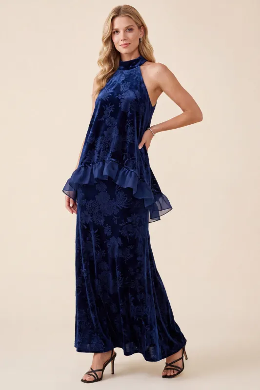 Navy A-Line Halter Velvet Maxi Formal Dress with Ruffles made by Zapaka