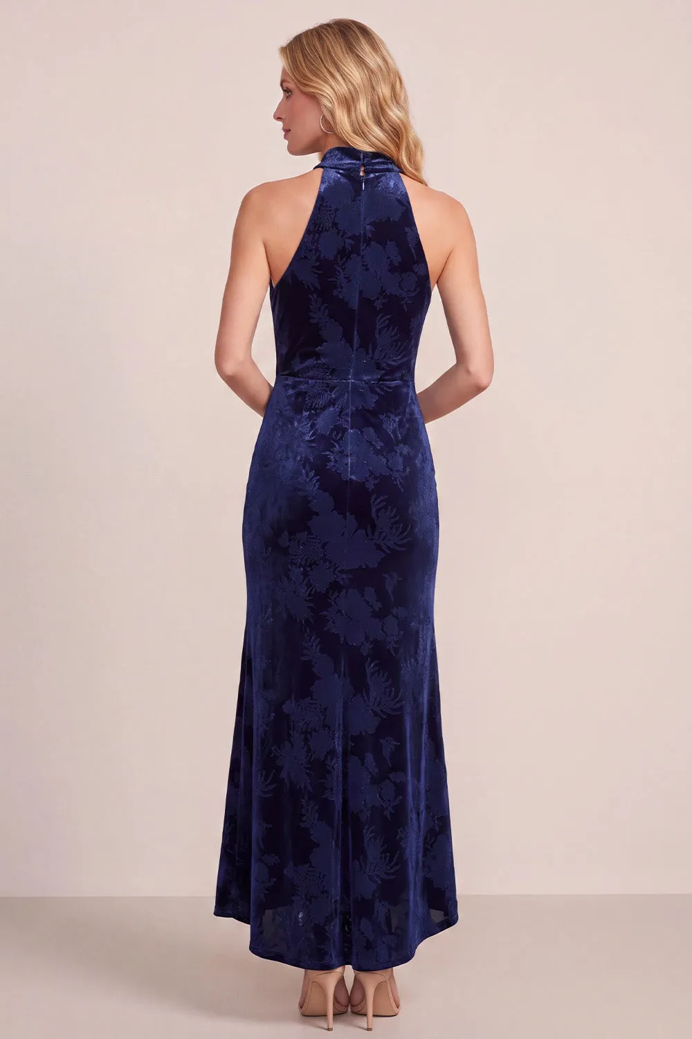 Navy Sheath Cowl Neck High Low Velvet Maxi Formal Dress with Draping sold by Zapaka product image thumbnail 2