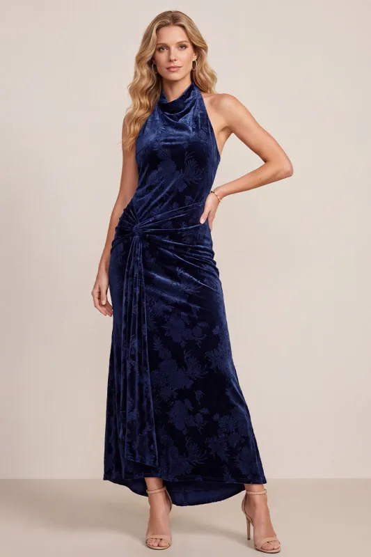 Navy Sheath Cowl Neck High Low Velvet Maxi Formal Dress with Draping made by Zapaka