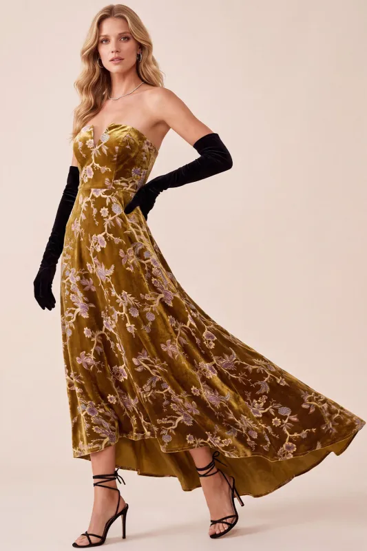 Mustard Gold A-Line Strapless V-Neck Velvet High-Low Formal Dress made by Zapaka