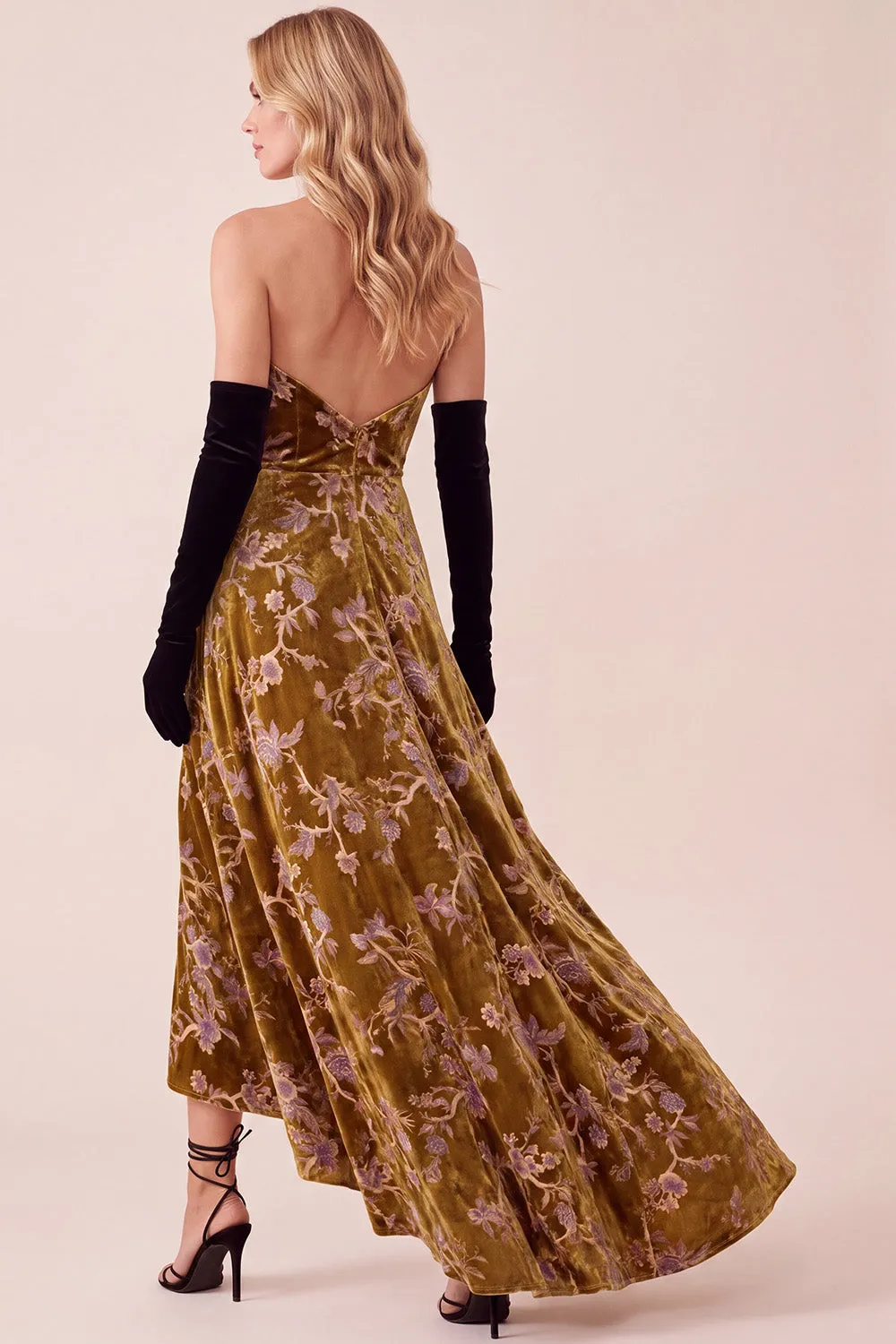 Mustard Gold A-Line Strapless V-Neck Velvet High-Low Formal Dress sold by Zapaka product image thumbnail 2