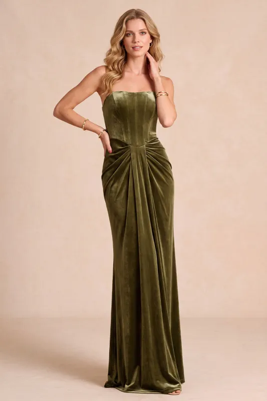 Olive Corset Velvet Sheath Strapless Ruched Maxi Formal Dress made by Zapaka
