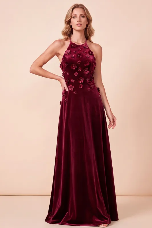 Burgundy A-Line Halter 3D Flower Appliques Velvet Dress with Beading made by Zapaka