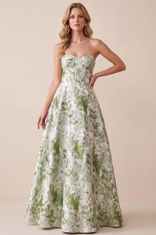 Sage Green Corset A-Line Strapless Printed Maxi Formal Dress made by Zapaka