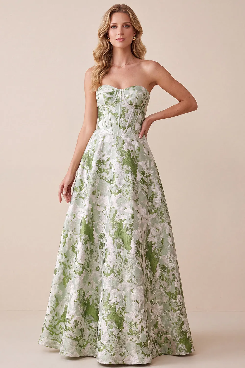 Sage Green Corset A-Line Strapless Printed Maxi Formal Dress sold by Zapaka