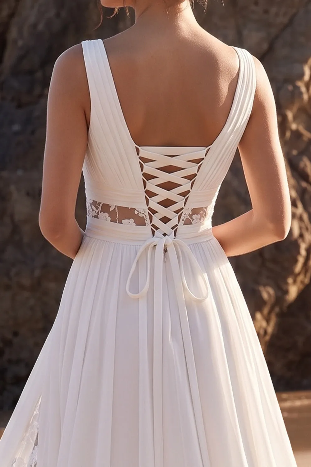 White A-Line Ruched Cut Out Lace Chiffon Maxi Wedding Dress with Appliques sold by Zapaka product image thumbnail 4