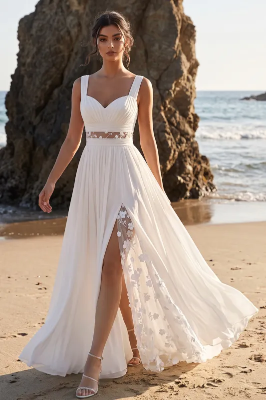 White A-Line Ruched Cut Out Lace Chiffon Maxi Wedding Dress with Appliques made by Zapaka