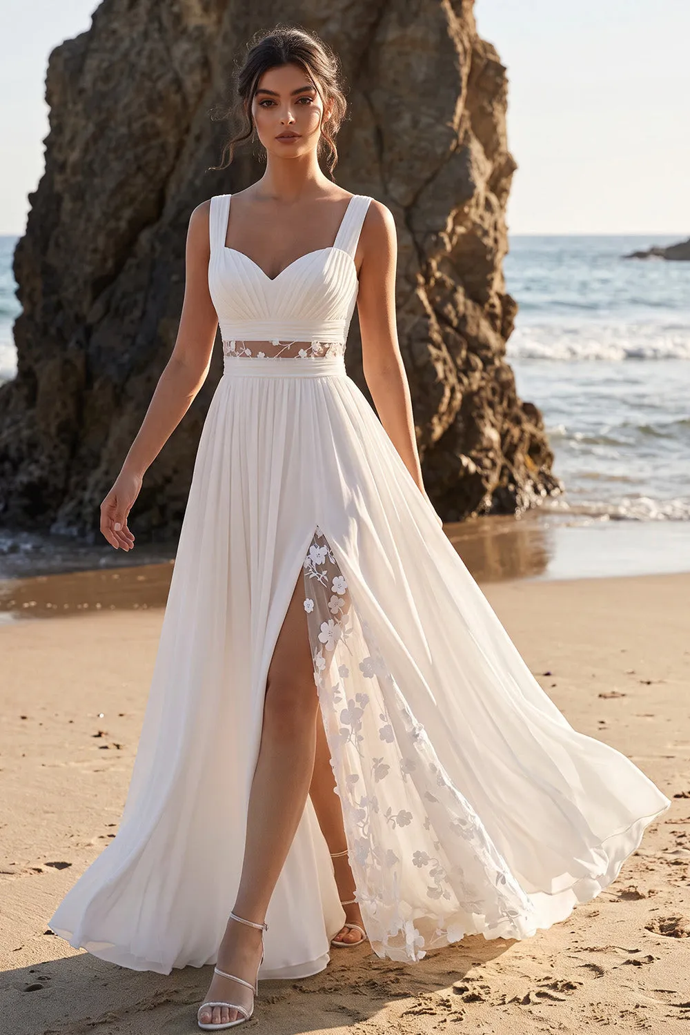 White A-Line Ruched Cut Out Lace Chiffon Maxi Wedding Dress with Appliques sold by Zapaka