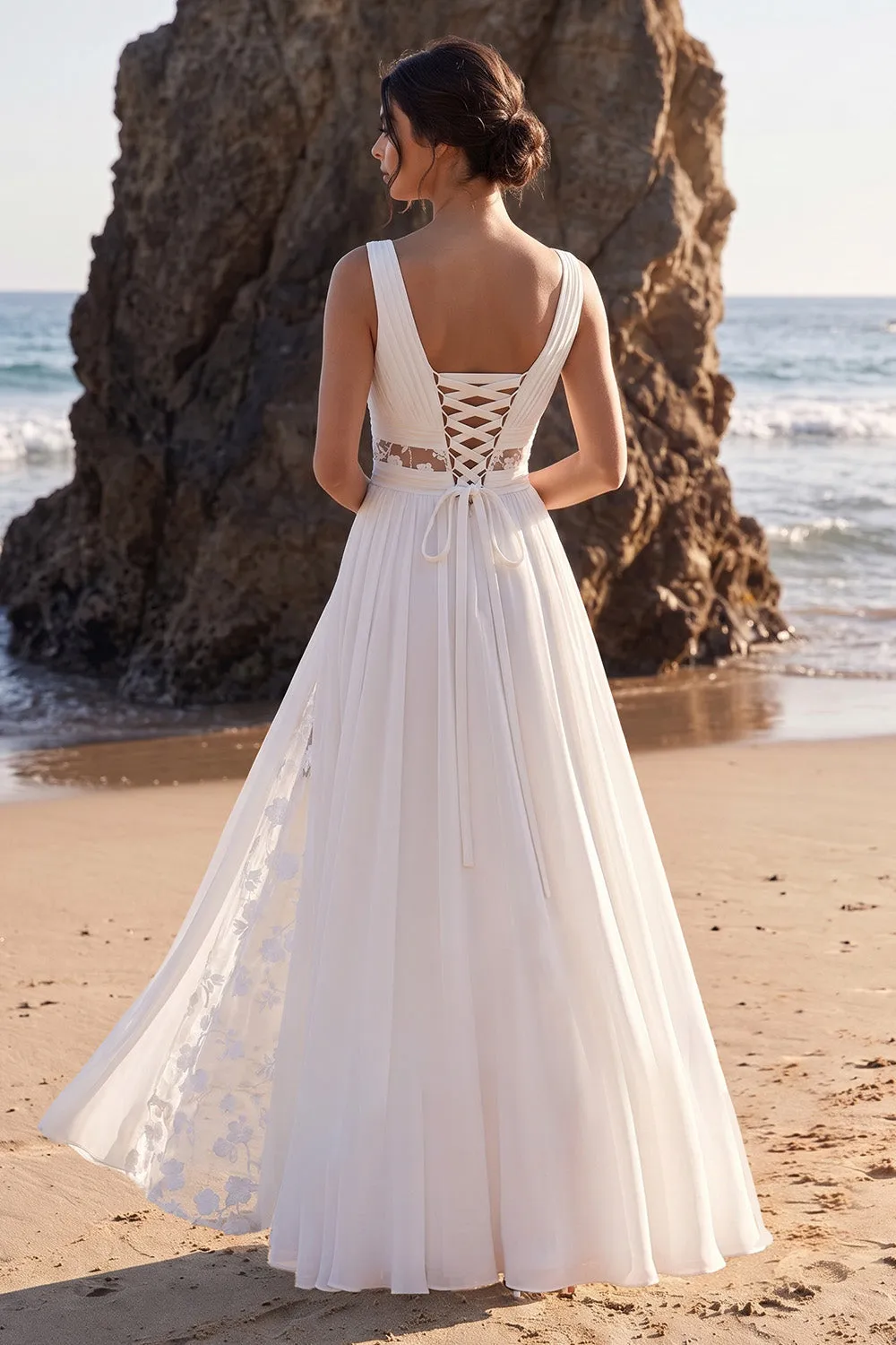 White A-Line Ruched Cut Out Lace Chiffon Maxi Wedding Dress with Appliques sold by Zapaka product image thumbnail 2