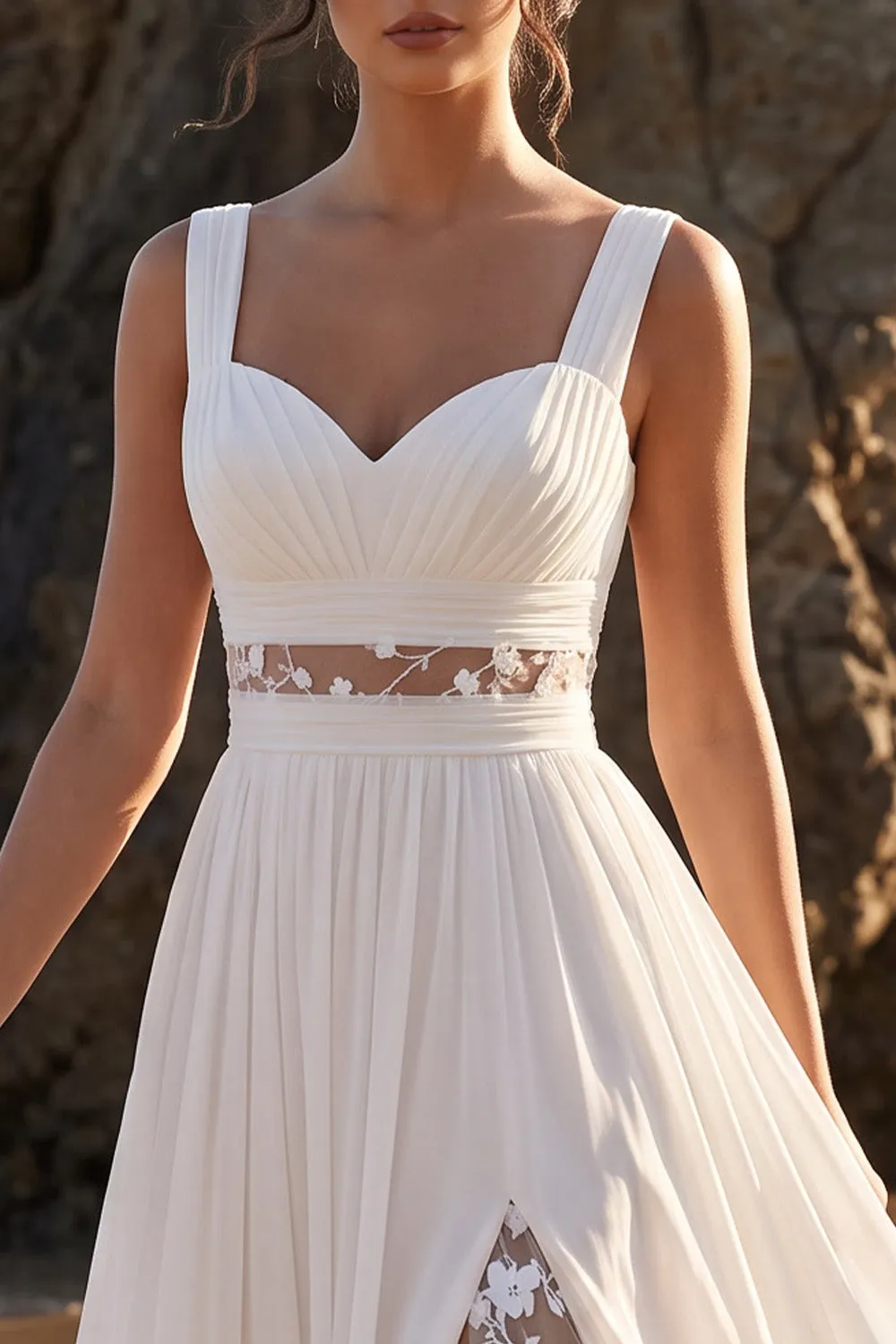 White A-Line Ruched Cut Out Lace Chiffon Maxi Wedding Dress with Appliques sold by Zapaka product image thumbnail 3