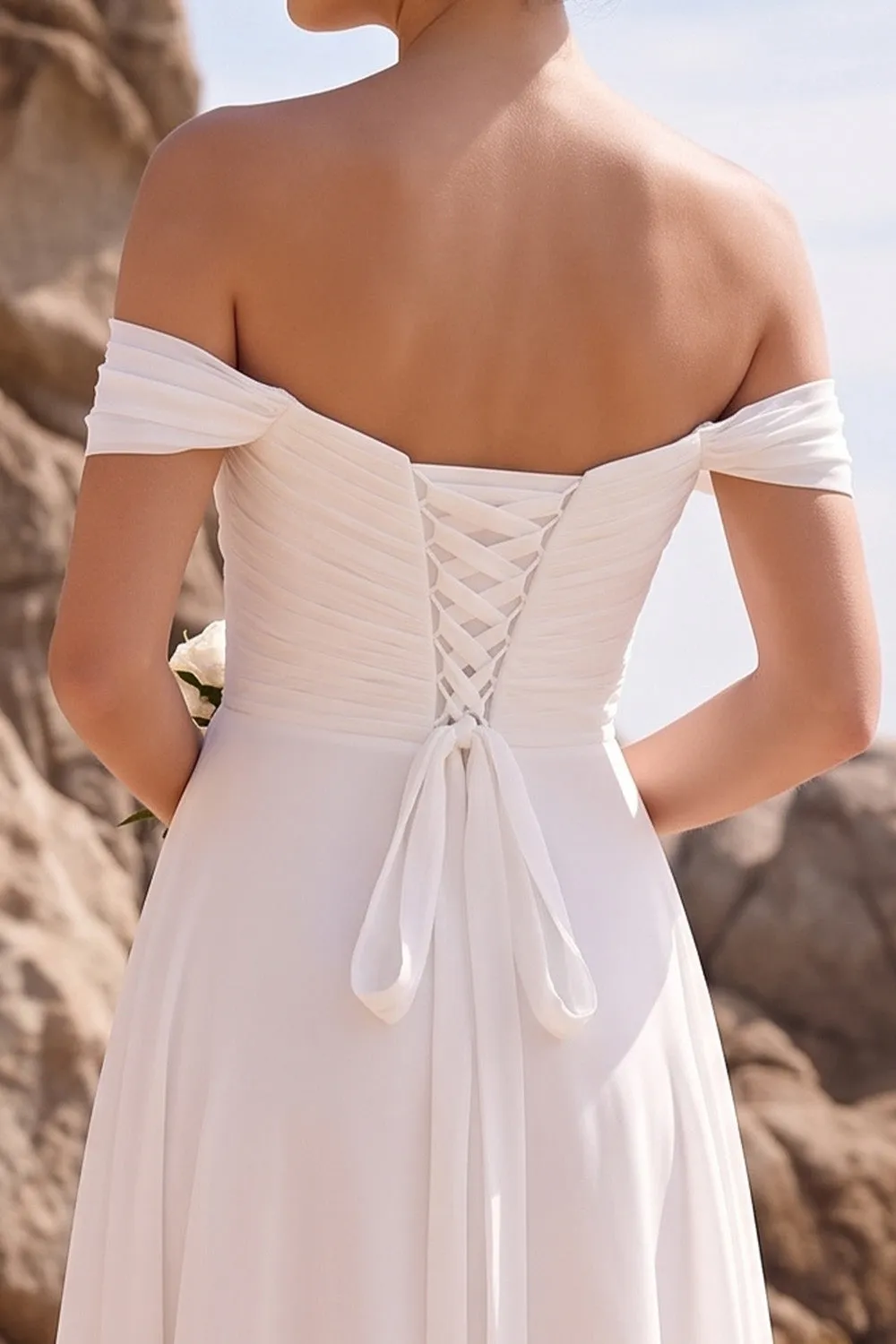 White A-Line Off the Shoulder Ruched Chiffon Midi Wedding Dress sold by Zapaka product image thumbnail 4