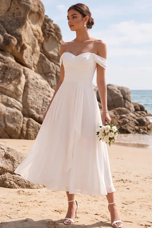 White A-Line Off the Shoulder Ruched Chiffon Midi Wedding Dress made by Zapaka