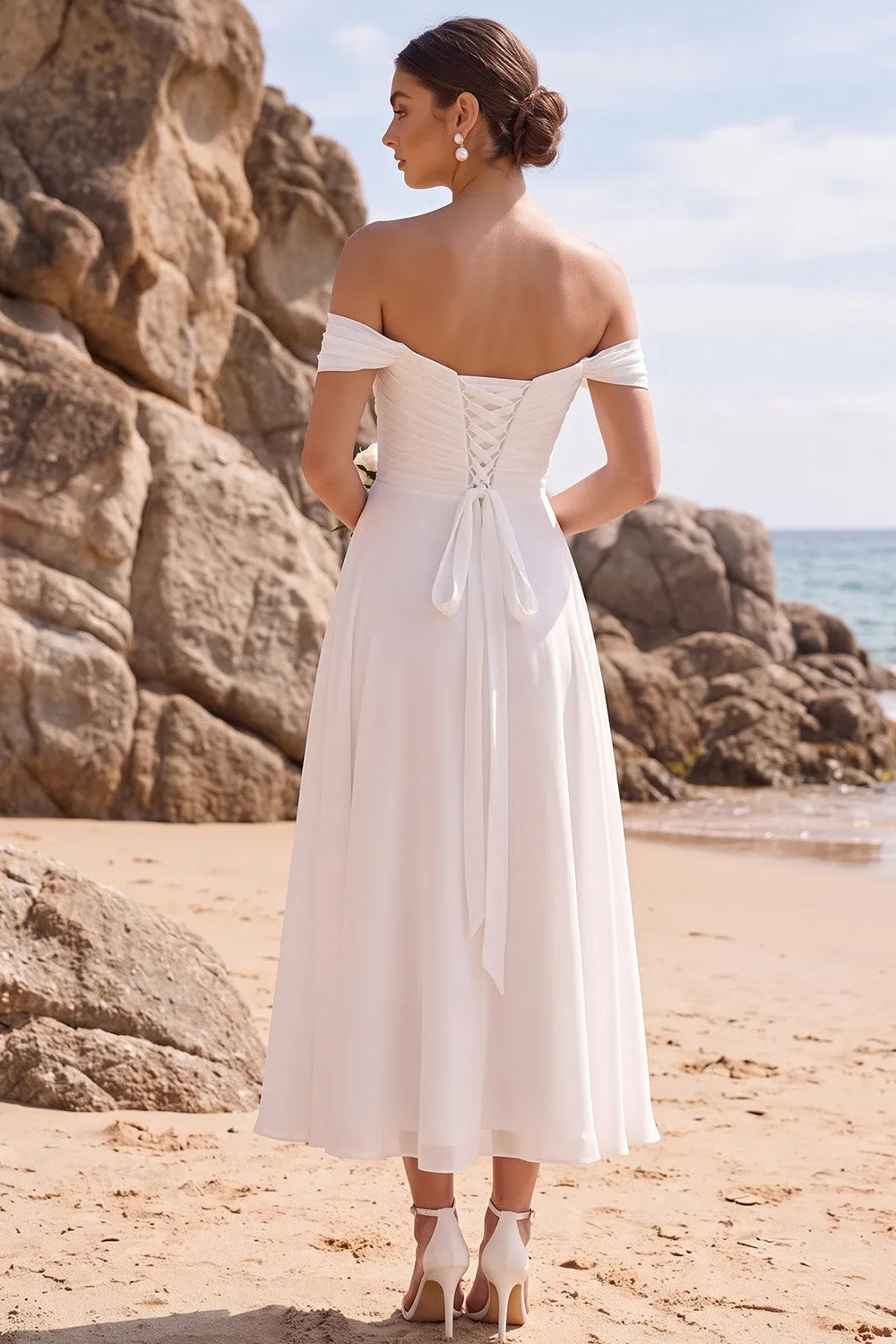 White A-Line Off the Shoulder Ruched Chiffon Midi Wedding Dress sold by Zapaka product image thumbnail 2
