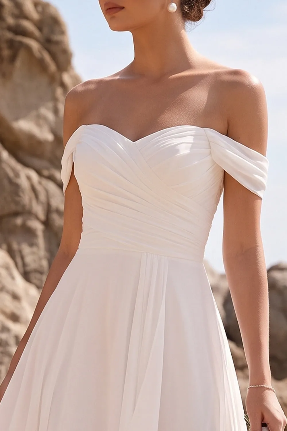 White A-Line Off the Shoulder Ruched Chiffon Midi Wedding Dress sold by Zapaka product image thumbnail 3
