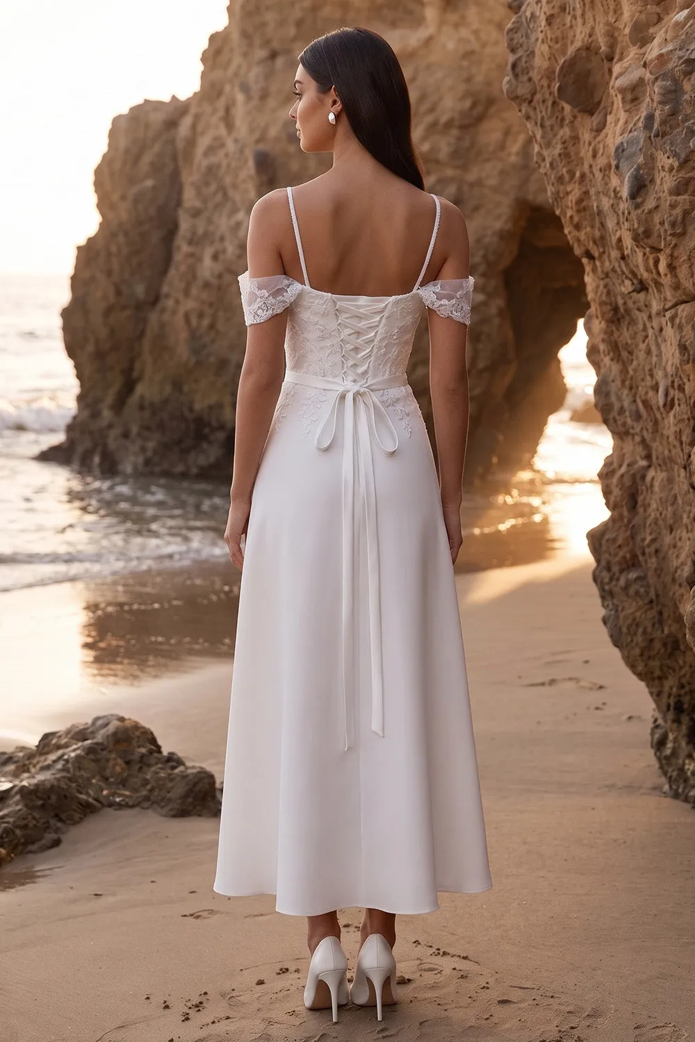 White A-Line Cold Shoulder Appliqued Tea-Length Wedding Dress sold by Zapaka product image thumbnail 2