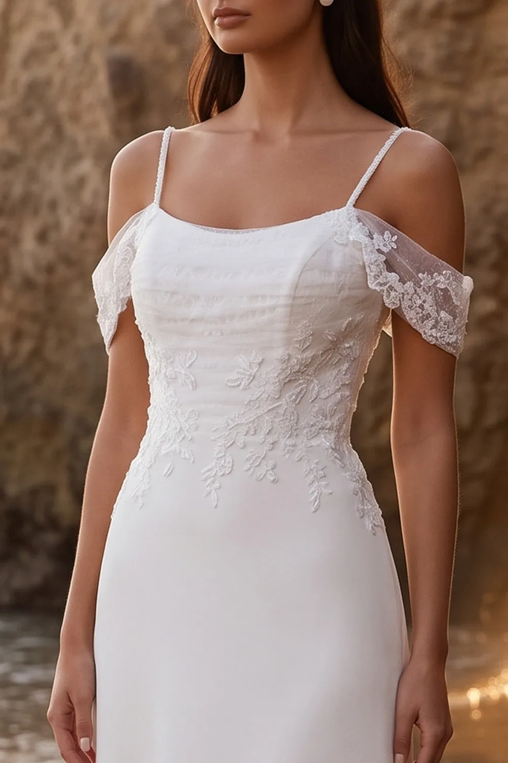 White A-Line Cold Shoulder Appliqued Tea-Length Wedding Dress sold by Zapaka product image thumbnail 3