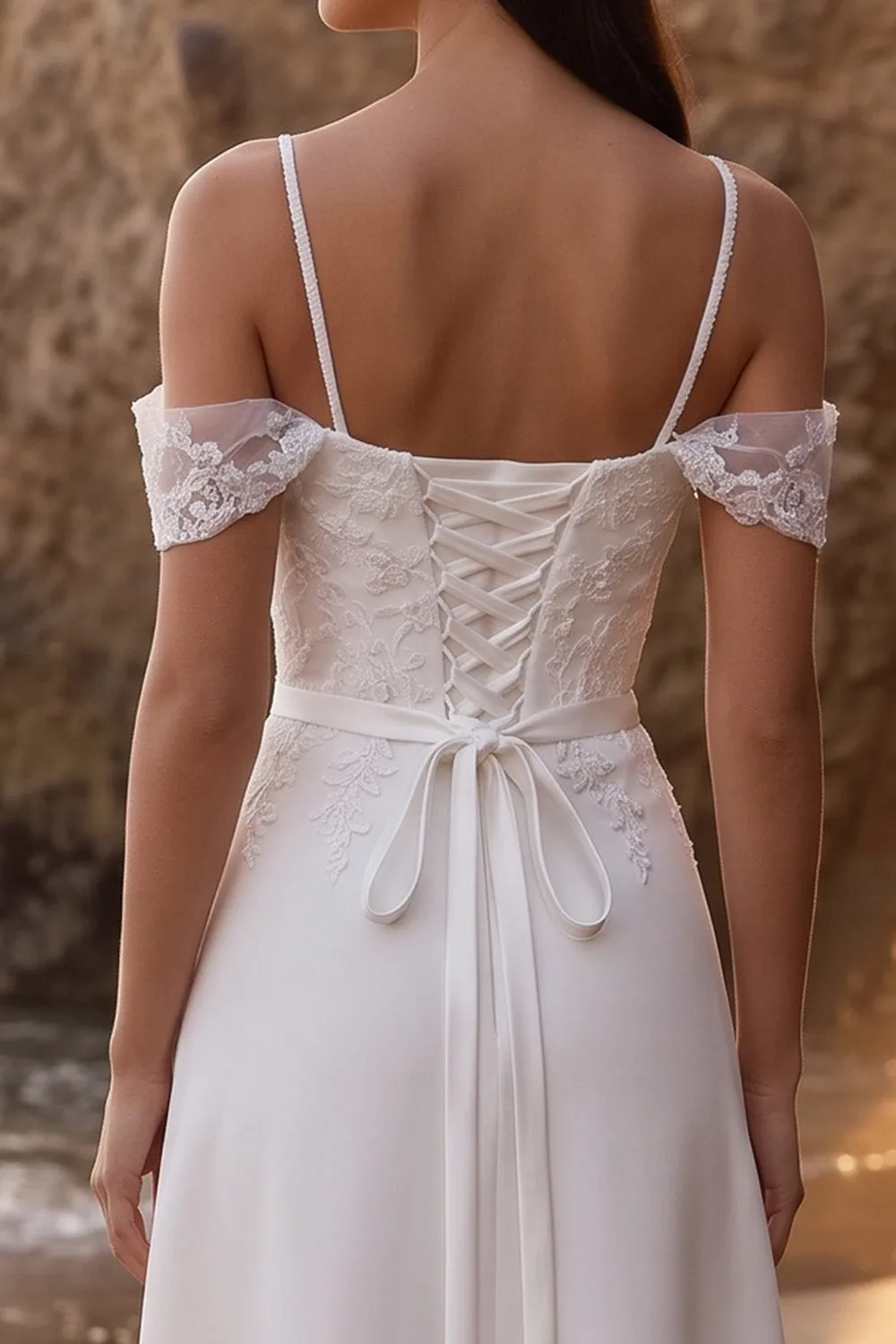 White A-Line Cold Shoulder Appliqued Tea-Length Wedding Dress sold by Zapaka product image thumbnail 4